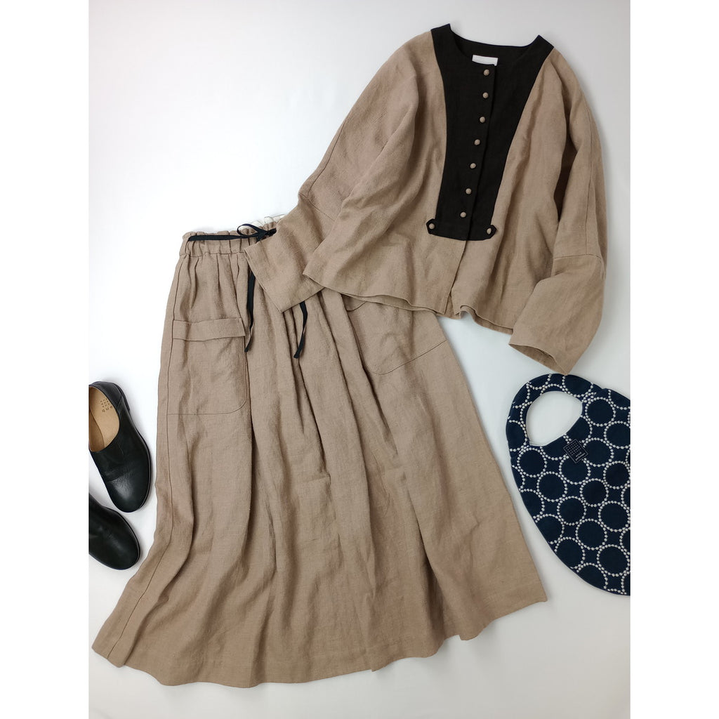 MAGALI マガリ リネン 麻 100％ ノーカラー ブラウス  ロングスカート  ベージュ 黒 ブラック 【中古】