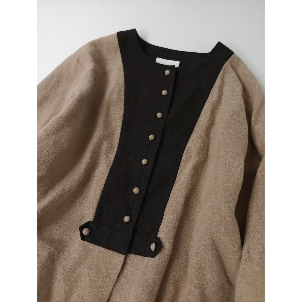 MAGALI マガリ リネン 麻 100％ ノーカラー ブラウス  ロングスカート  ベージュ 黒 ブラック 【中古】