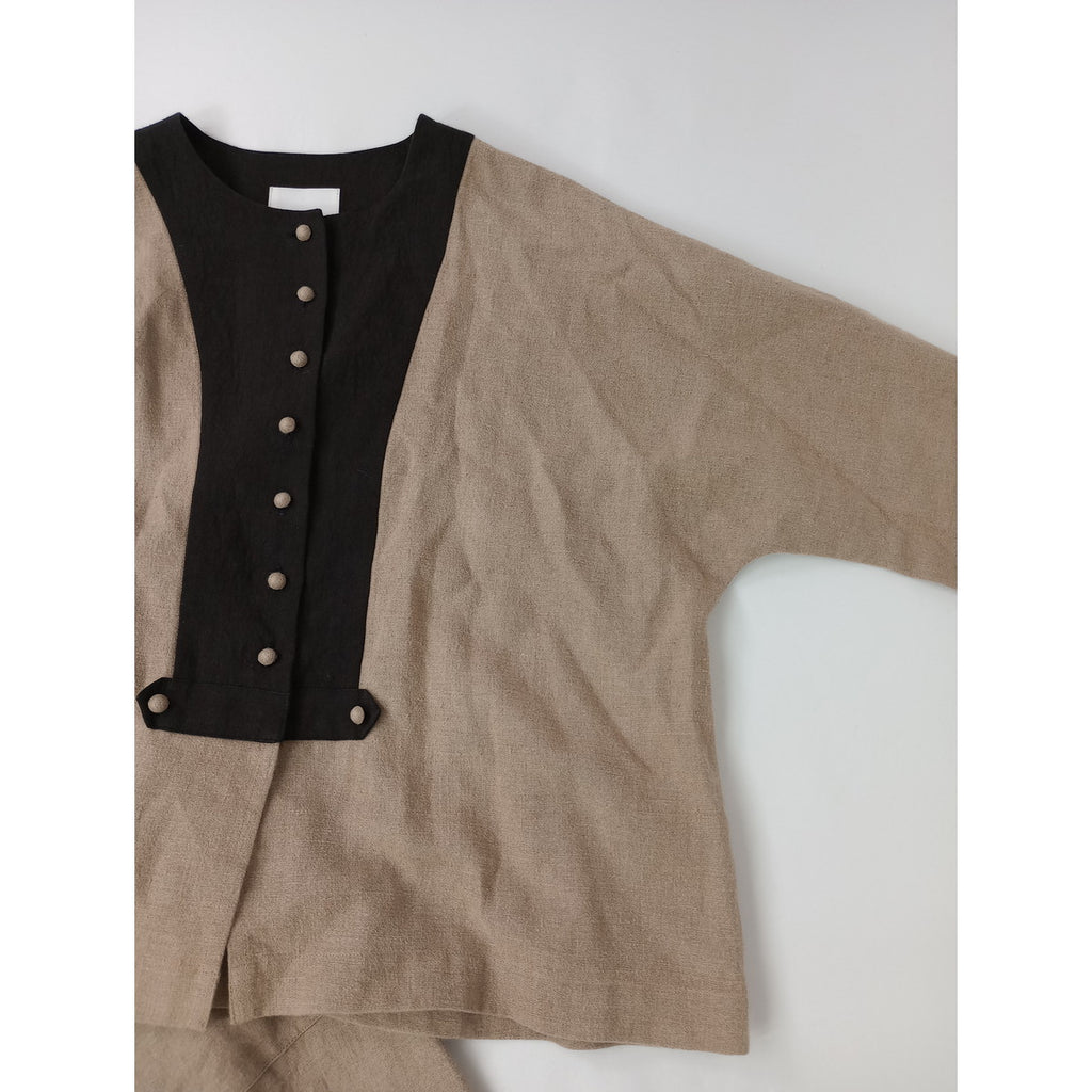 MAGALI マガリ リネン 麻 100％ ノーカラー ブラウス  ロングスカート  ベージュ 黒 ブラック 【中古】