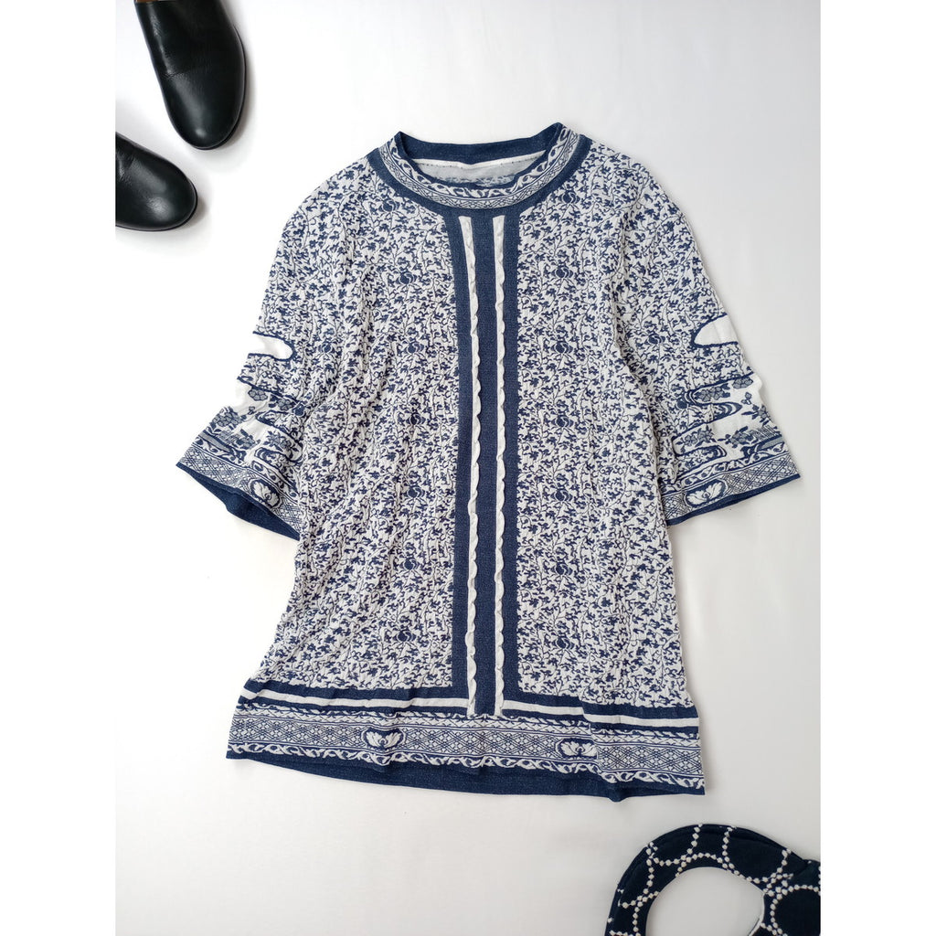 Mame Kurogouchi マメ クロゴウチ Landscape Graphic Sheer Knitted Crew Neck Top トップス  伊勢丹新宿別注  ネイビー 白 【中古】