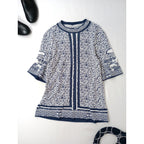 Mame Kurogouchi マメ クロゴウチ Landscape Graphic Sheer Knitted Crew Neck Top トップス  伊勢丹新宿別注  ネイビー 白 【中古】