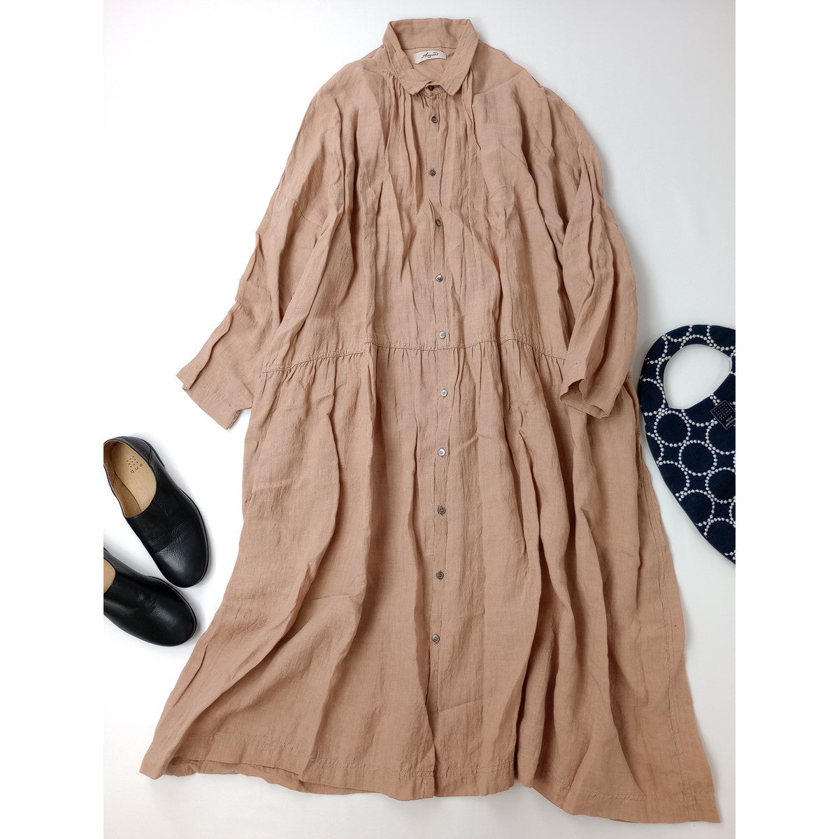 ichi Antiquites イチアンティークス カラーリネンドレス ロング シャツワンピース 麻100％ ピンク【中古】