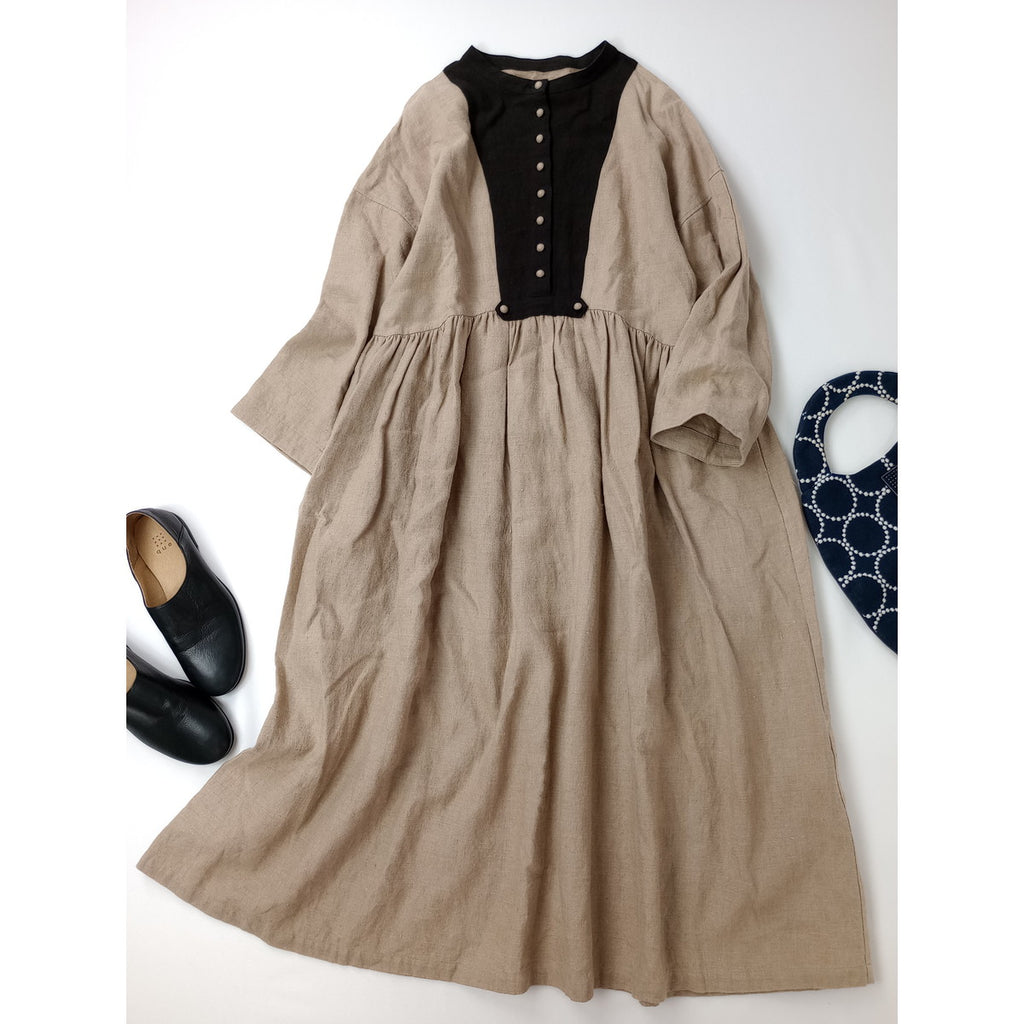 MAGALI マガリ ブラッシュドベルギーリネンギャザーワンピース ロング ドレス ベージュ 黒 ブラック 【中古】