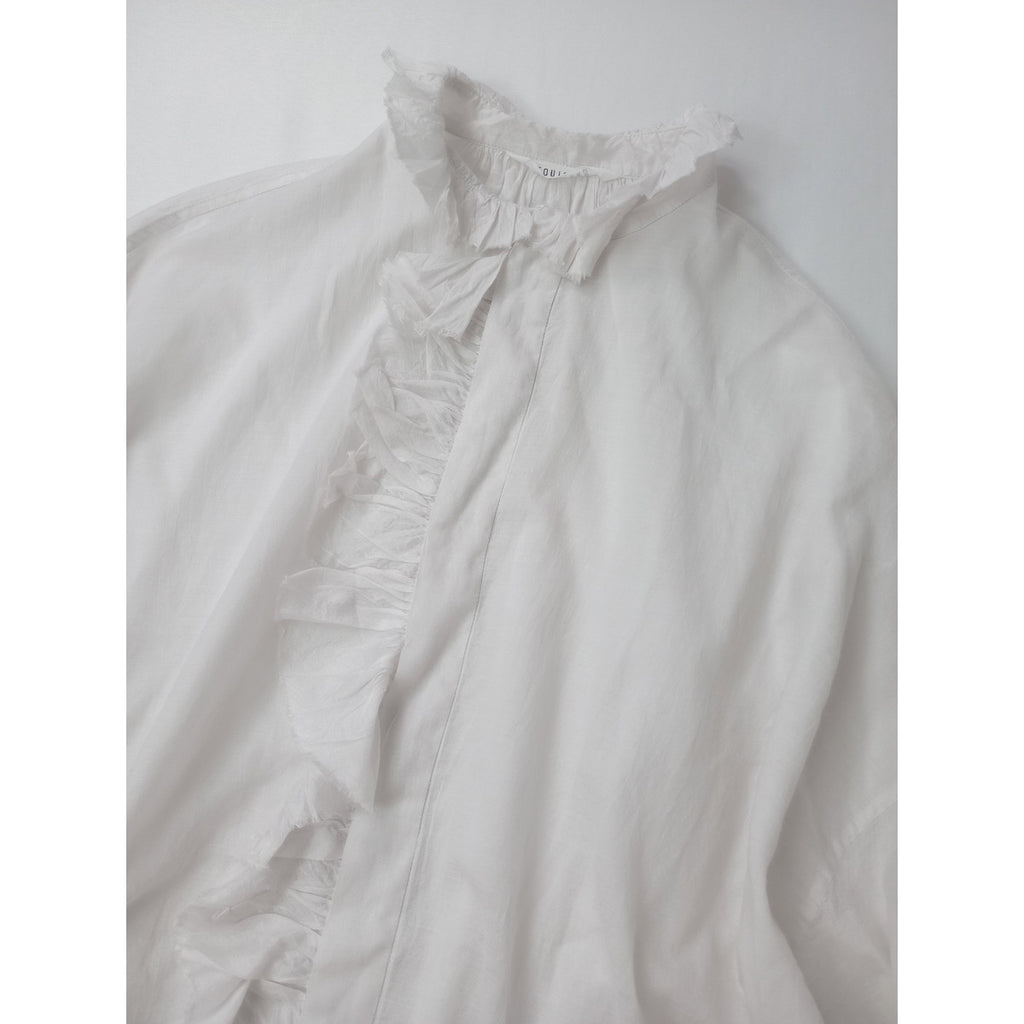 TOUJOURS トゥジュー シルク コットン ラッフル バンドカラー シャツ フリル ブラウス 長袖 白 【中古】