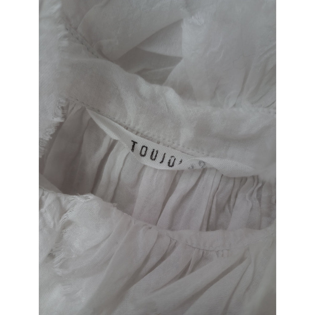 TOUJOURS トゥジュー シルク コットン ラッフル バンドカラー シャツ フリル ブラウス 長袖 白 【中古】