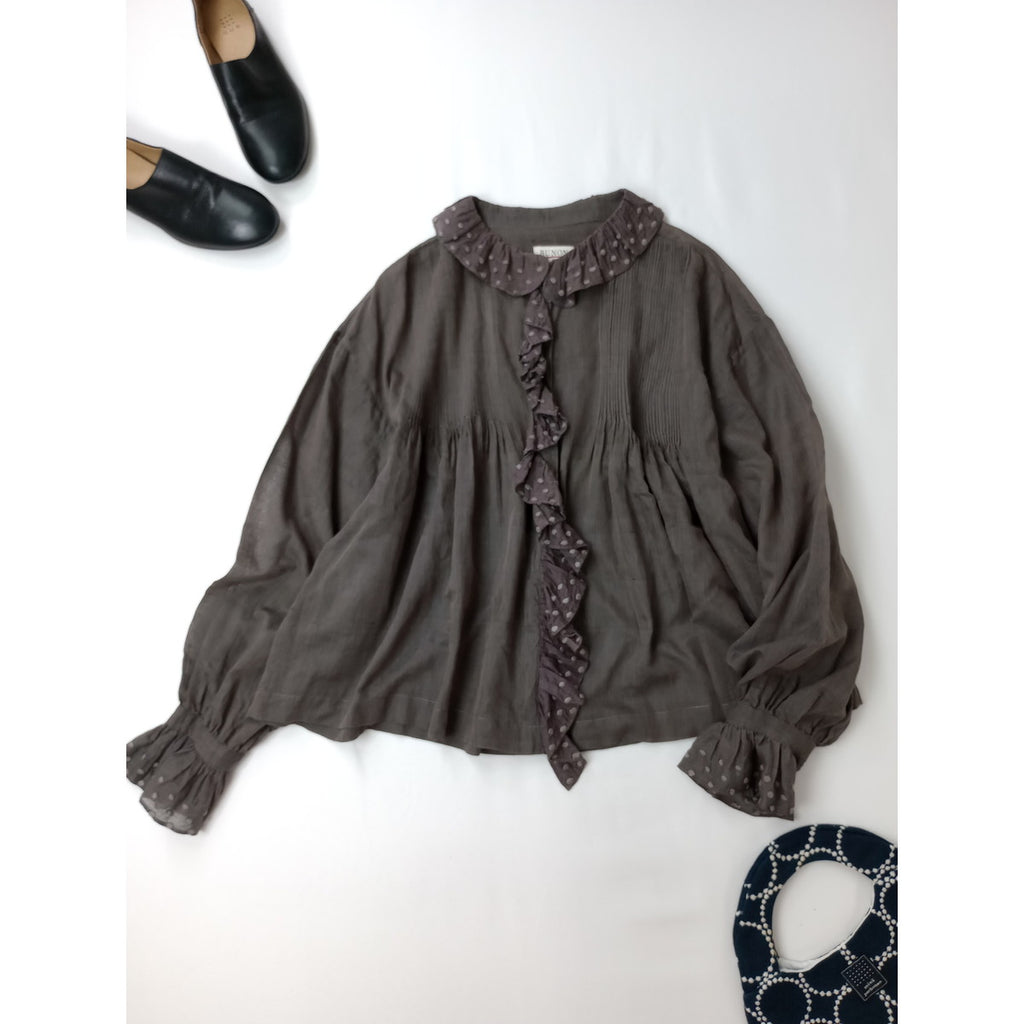 BUNON ブノン Frill Blouse フリルブラウス  長袖 トップス  ダーク ブラウン 【中古】