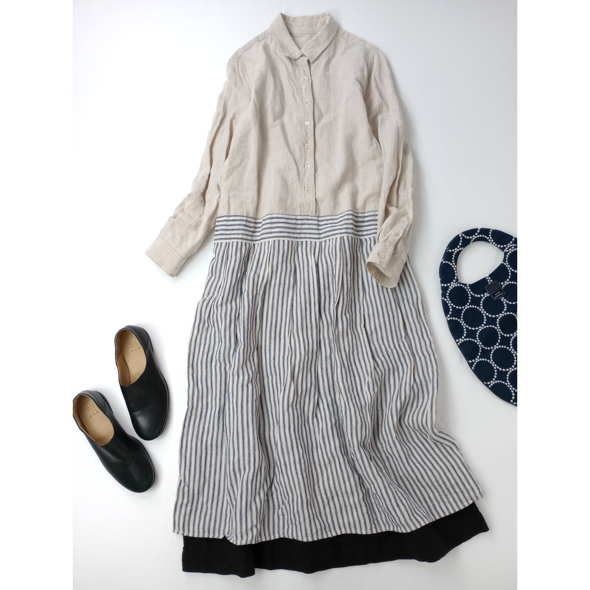 nest Robe ネストローブ ドッキング ロング シャツワンピース ストライプ リネン 麻 100％ 生成り 【中古】