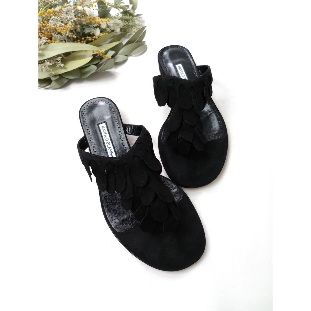 新品 MANOLO BLAHNIK マノロブラニク Black Suede Strappy Sandals 黒 ブラック  スエード サンダル  靴  371/2