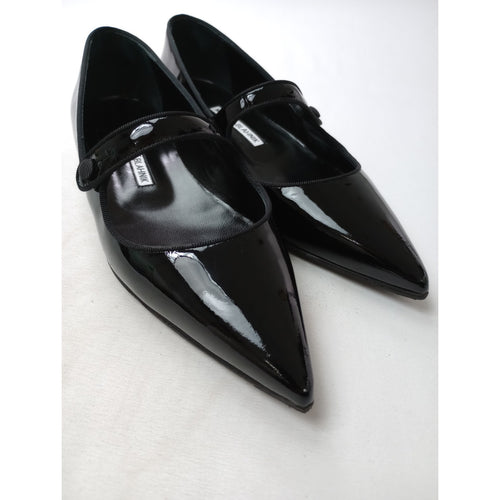 美品 MANOLO BLAHNIK マノロブラニク カンパリ フラット メリージェーン エナメル ストラップ パンプス 黒 ブラック 靴