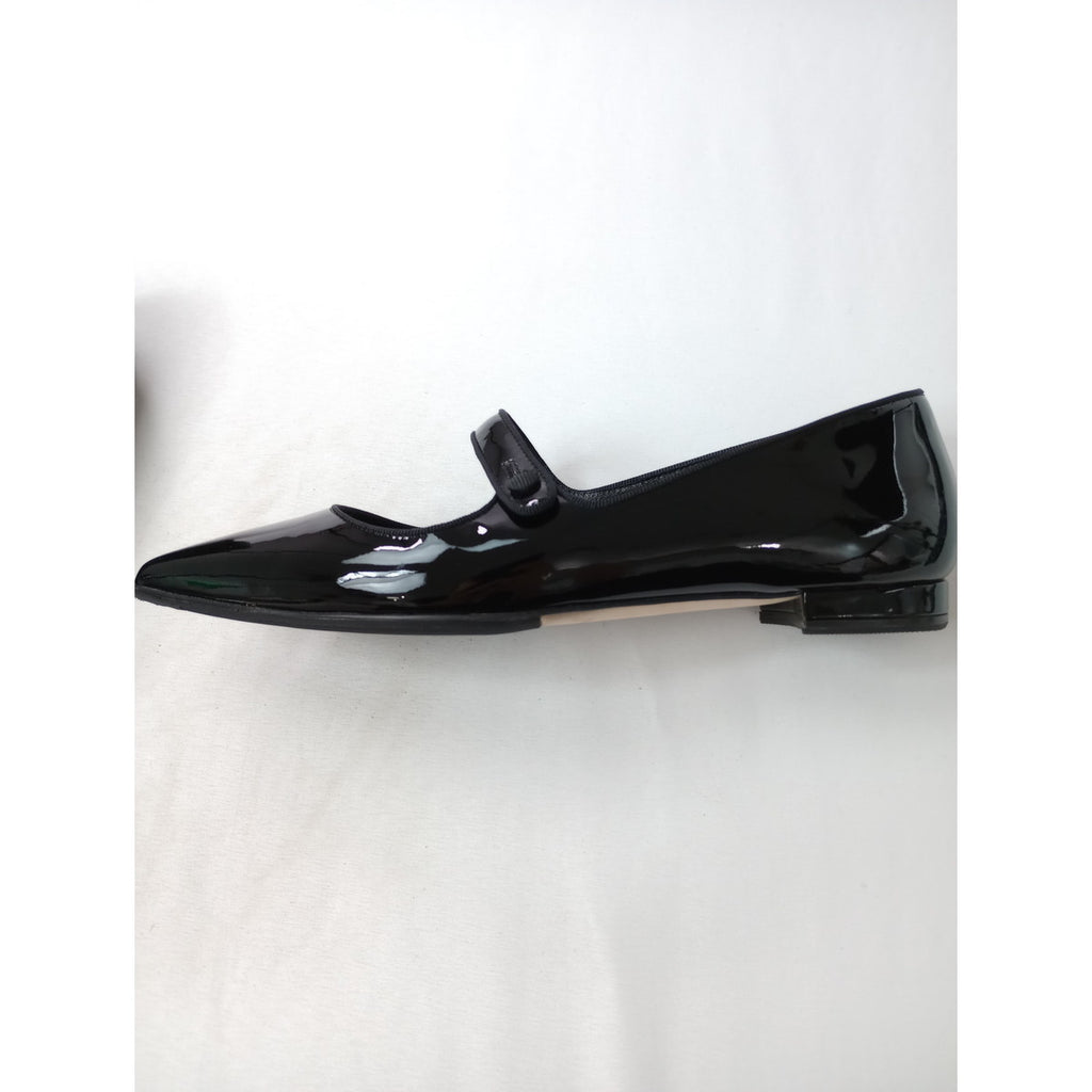 美品 MANOLO BLAHNIK マノロブラニク カンパリ フラット メリージェーン エナメル ストラップ パンプス 黒 ブラック 靴