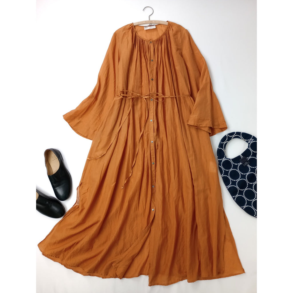enrica エンリカ コットン シルク ギャザー ロングワンピース ドレス  オレンジ 【中古】
