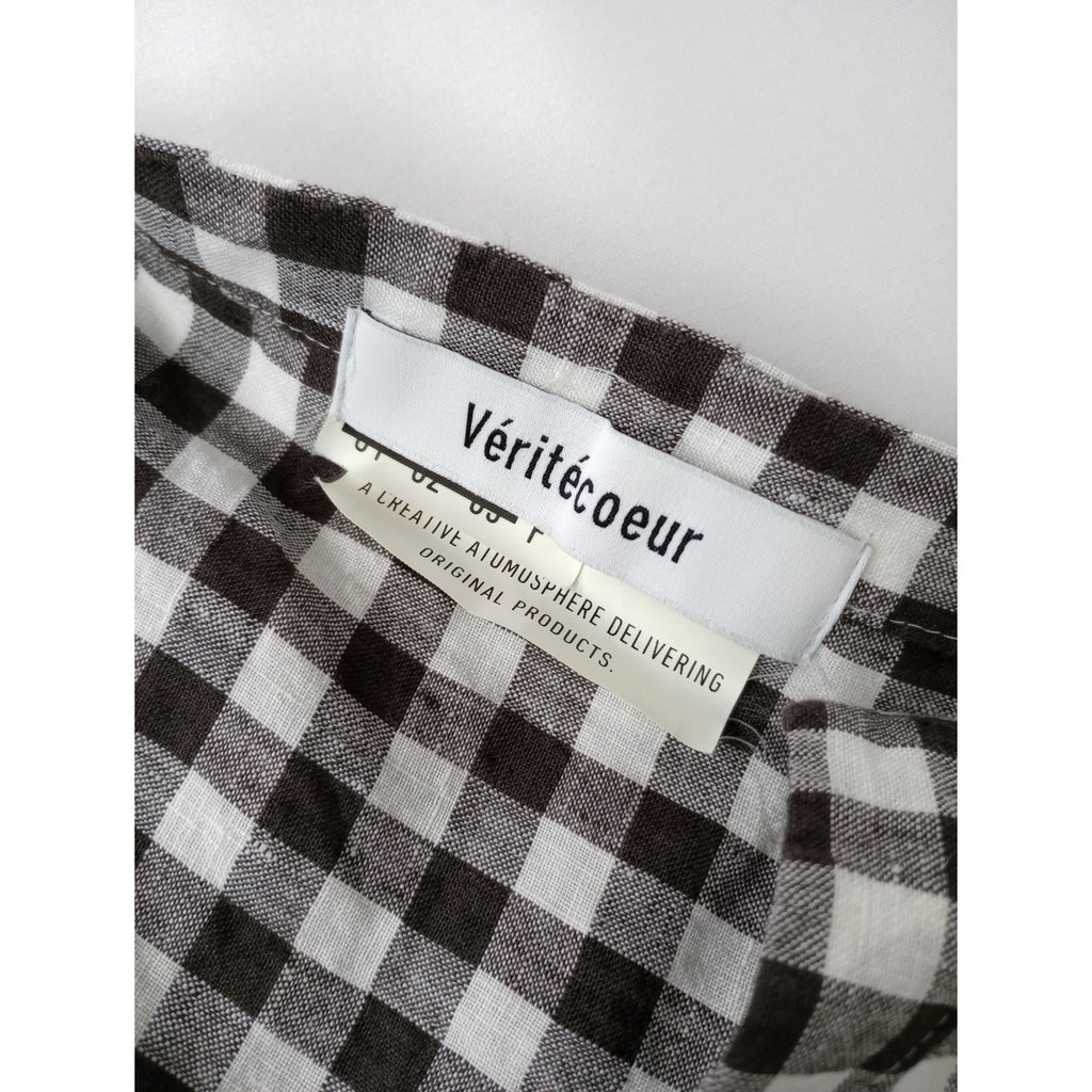 Veritecoeur   ヴェリテクール  ギンガム  チェック 柄 リネン スキッパー タック ロング ワンピース ダークブラウン F  【中古】