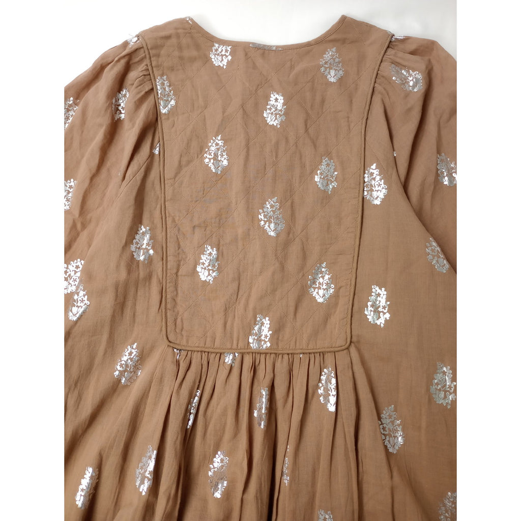 ne Quittez pas ヌキテパ Cotton Voile Foil Flower Print Gather Dress フラワー 箔プリント コットン 綿 100％ ギャザー ドレス ロング ワンピース ベージュ S  【中古】