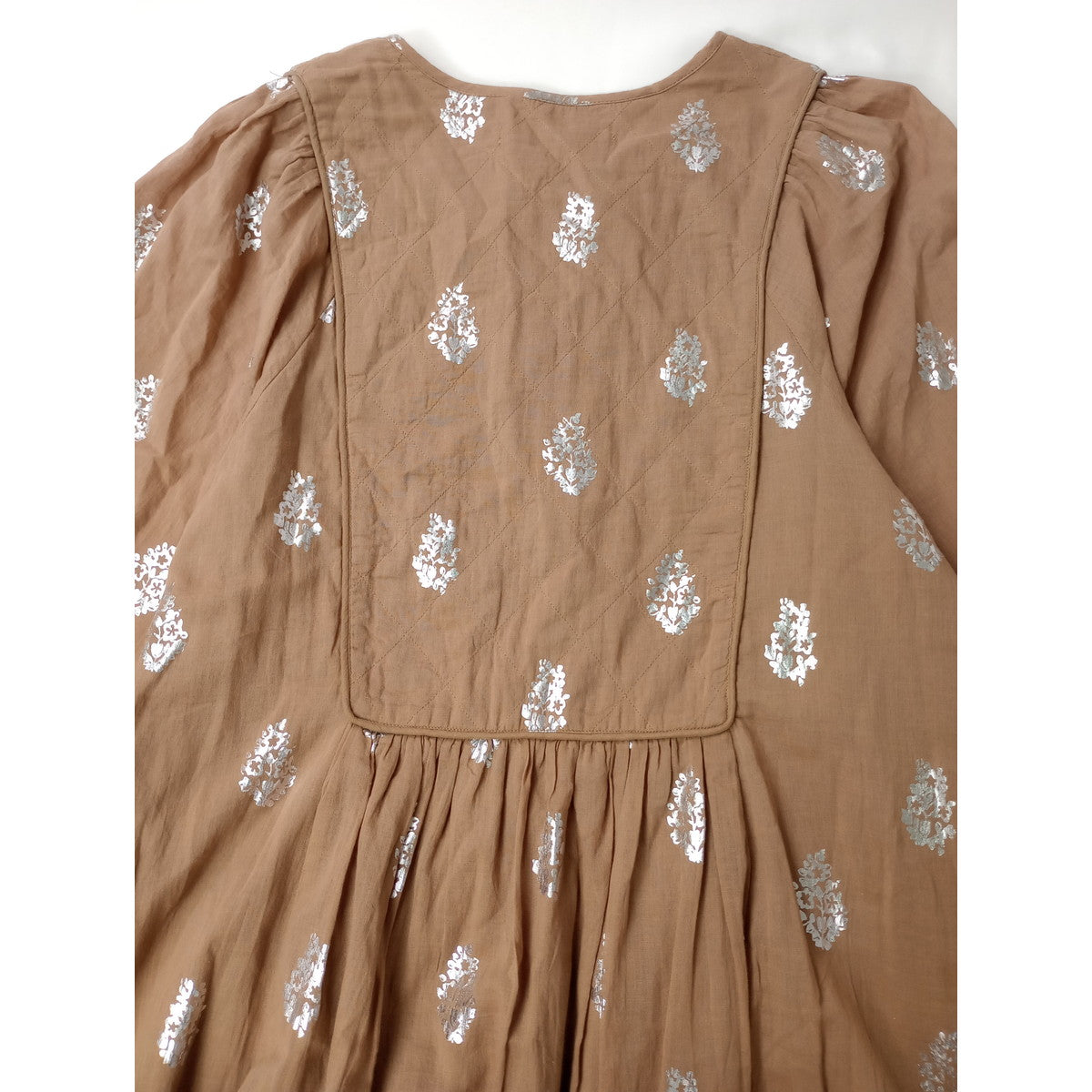 ne Quittez pas ヌキテパ Cotton Voile Foil Flower Print Gather Dress フラワー 箔プリント コットン 綿 100％ ギャザー ドレス ロング ワンピース ベージュ S  【中古】