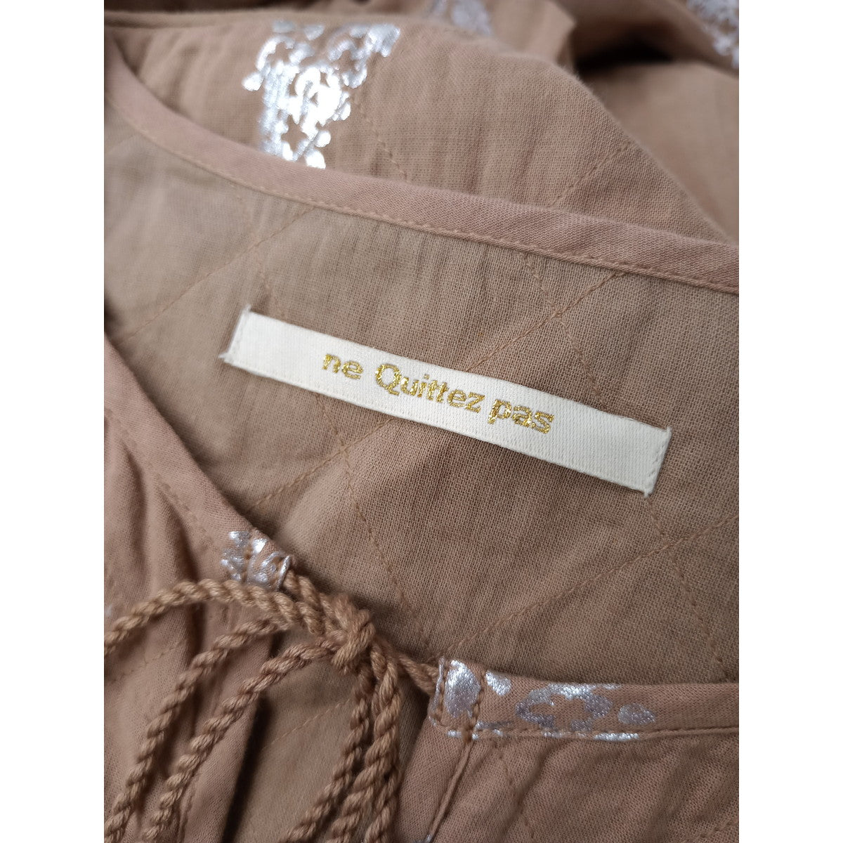 ne Quittez pas ヌキテパ Cotton Voile Foil Flower Print Gather Dress フラワー 箔プリント コットン 綿 100％ ギャザー ドレス ロング ワンピース ベージュ S  【中古】
