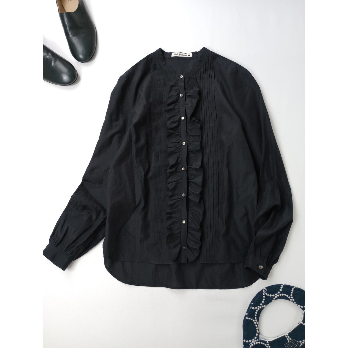 mina perhonen ミナペルホネン moon light シルク コットン ピンタック フリル ブラウス シャツ 黒 ブラック 36【中古】