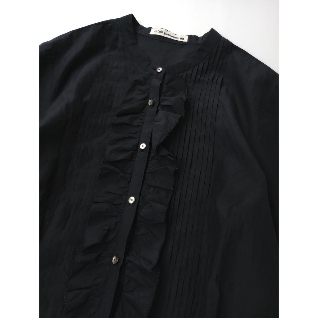 mina perhonen ミナペルホネン moon light シルク コットン ピンタック フリル ブラウス シャツ 黒 ブラック 36【中古】