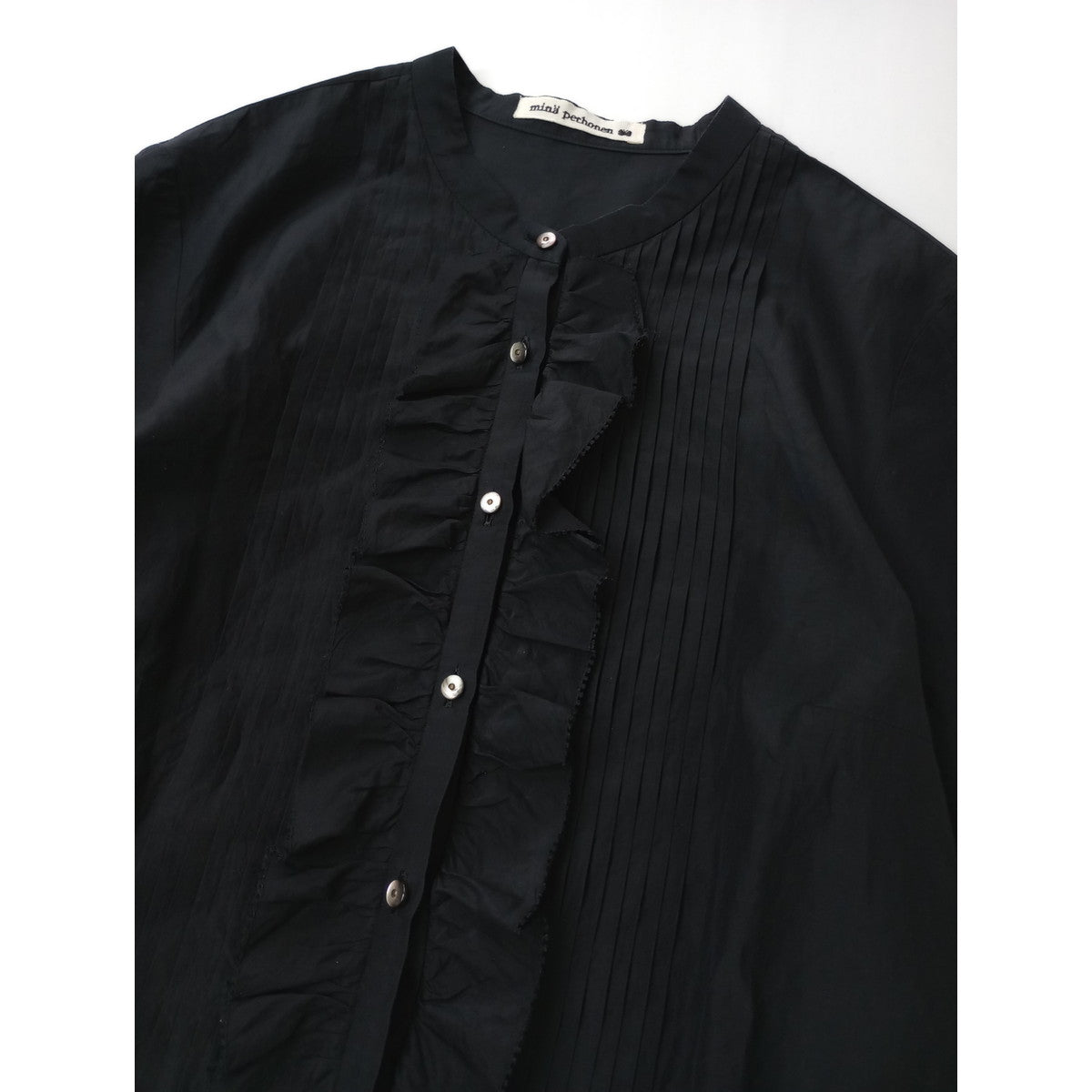 mina perhonen ミナペルホネン moon light シルク コットン ピンタック フリル ブラウス シャツ 黒 ブラック 36【中古】