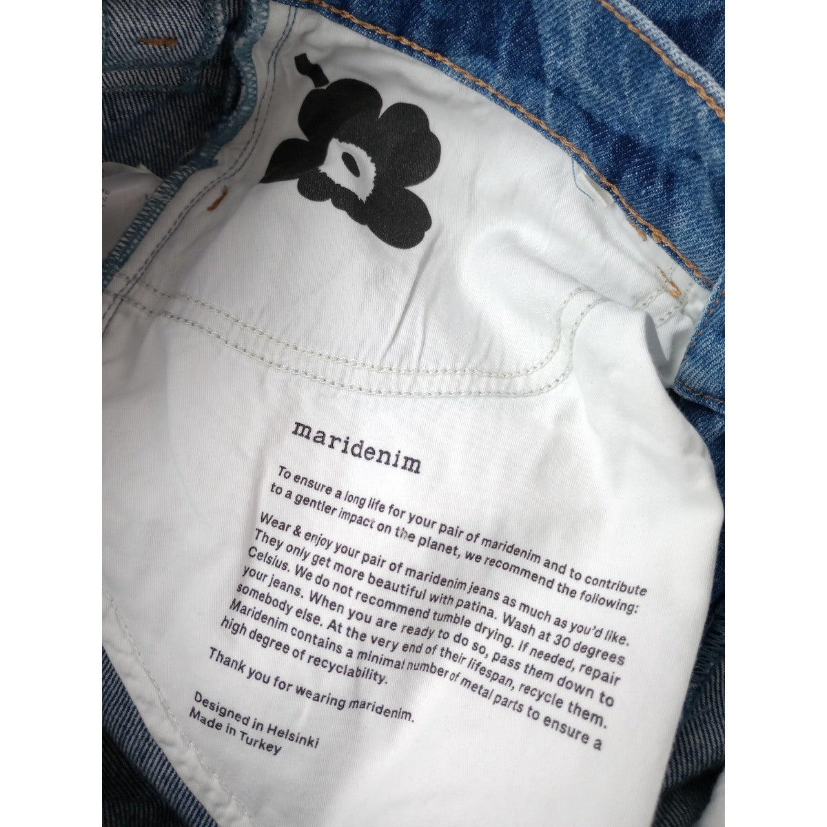 marimekko マリメッコ Maridenim Loose Unikko ジーンズ ウニッコ デニムパンツ ビンテージ加工 ブルー 【中古】