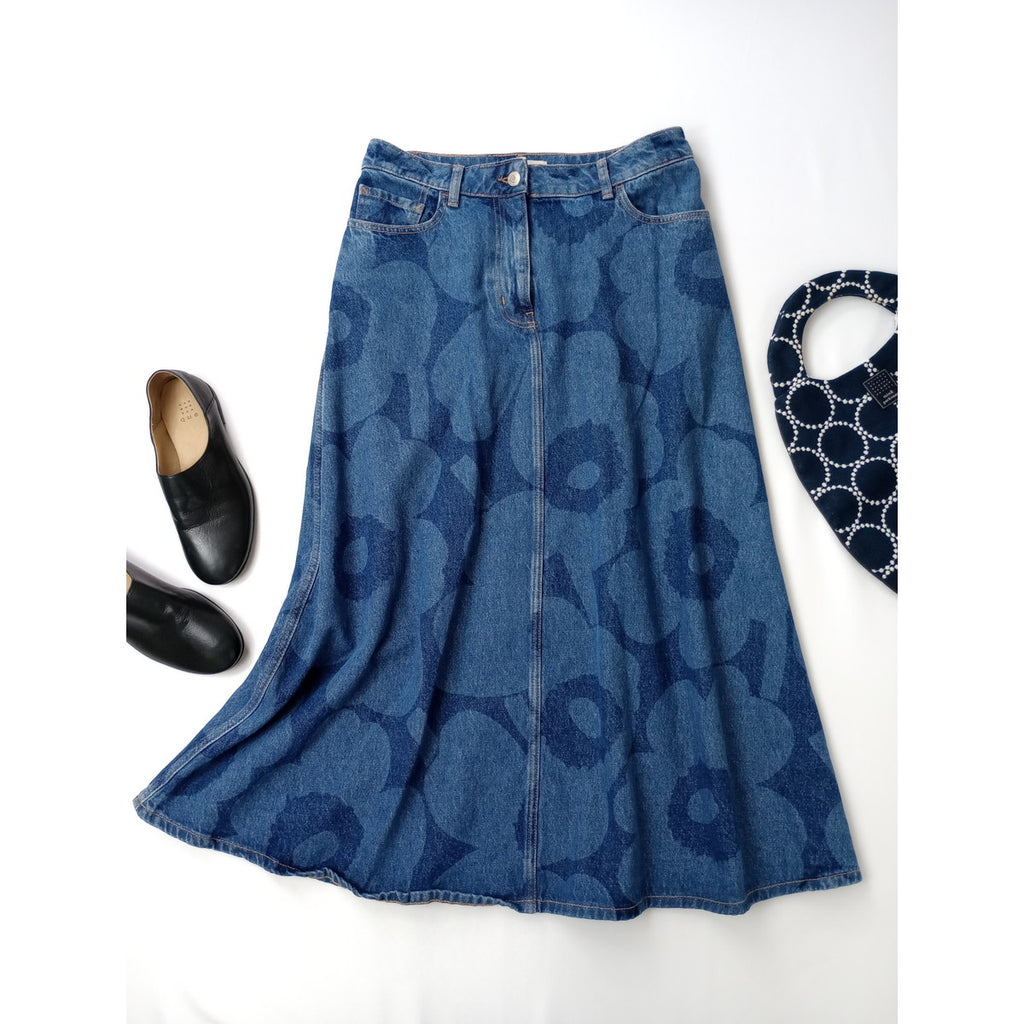 marimekko マリメッコ Maridenim Suoritus Unikko ウニッコ 花柄 デニム ロング スカート ビンテージ加工 ブルー 【中古】