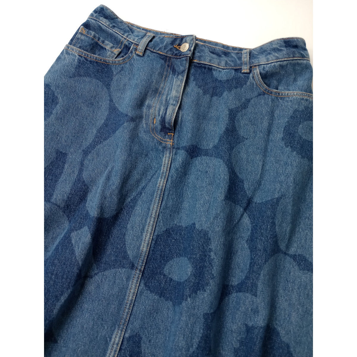 marimekko マリメッコ Maridenim Suoritus Unikko ウニッコ 花柄 デニム ロング スカート ビンテージ加工 ブルー 【中古】