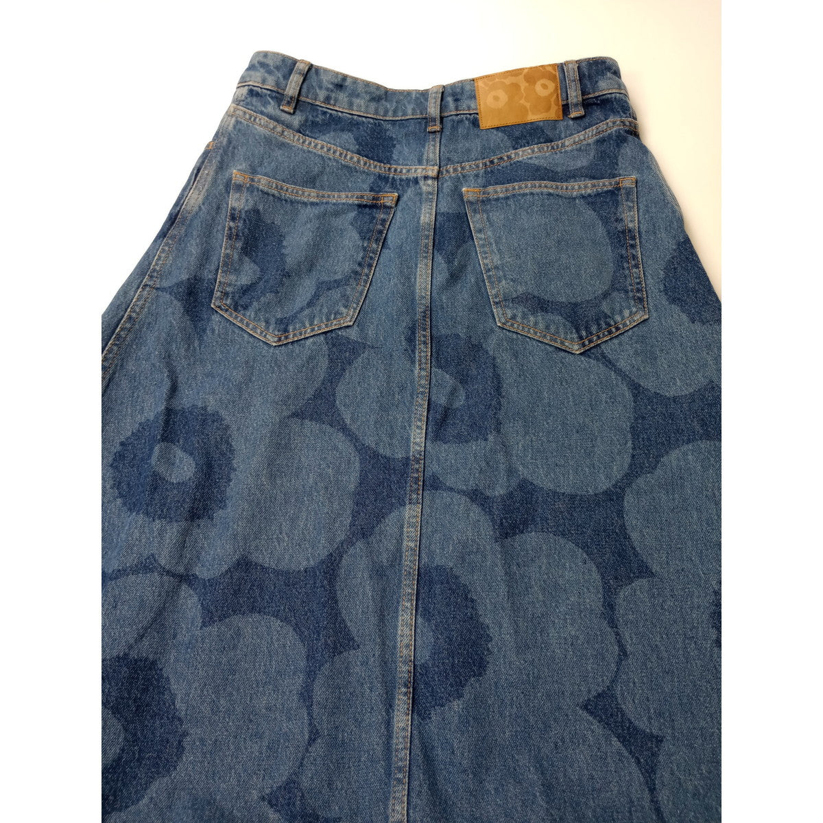 marimekko マリメッコ Maridenim Suoritus Unikko ウニッコ 花柄 デニム ロング スカート ビンテージ加工 ブルー 【中古】