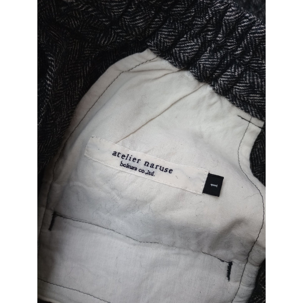atelier naruse アトリエナルセshetland wool linen tuck wide pants ヘロンボーン 柄 シェットランドウール リネン パンツ  黒 ブラック(8M＋2163【中古】