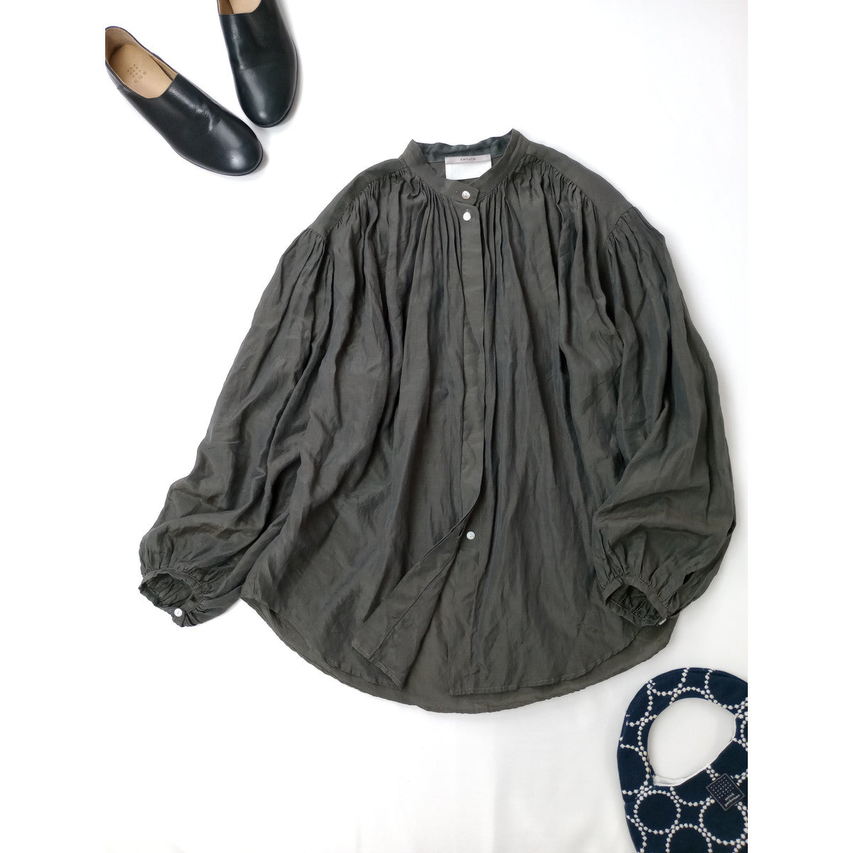 enrica  エンリカ  BLOUSE コットン  シルク  ギャザー ブラウス    トップス 077 ダークブラウン  【中古】