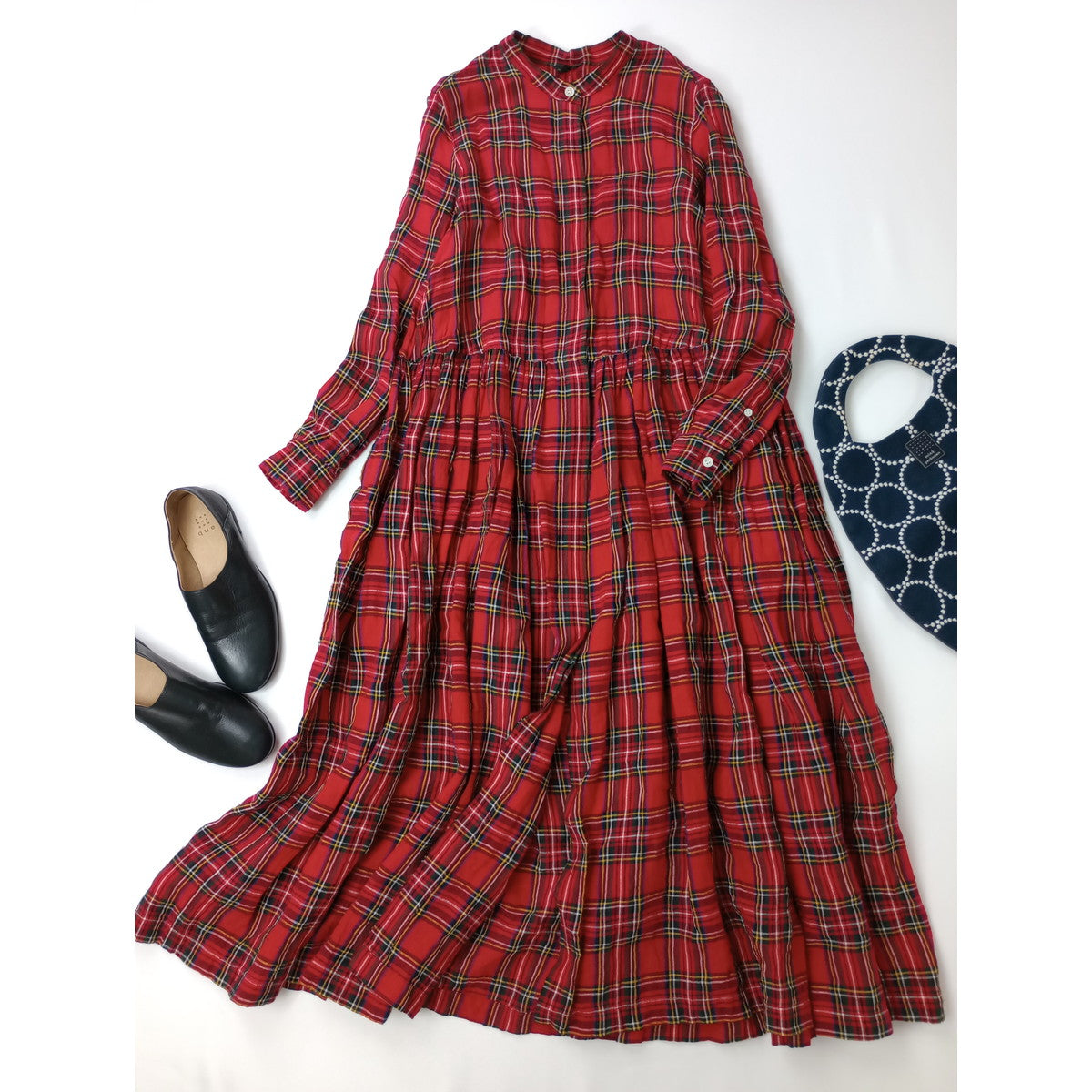 R&D.M.Co- オールドマンズテーラー TARTAN CHECK タータンチェック シャツワンピース ロング 赤 リネン 麻 100％  S 【中古】