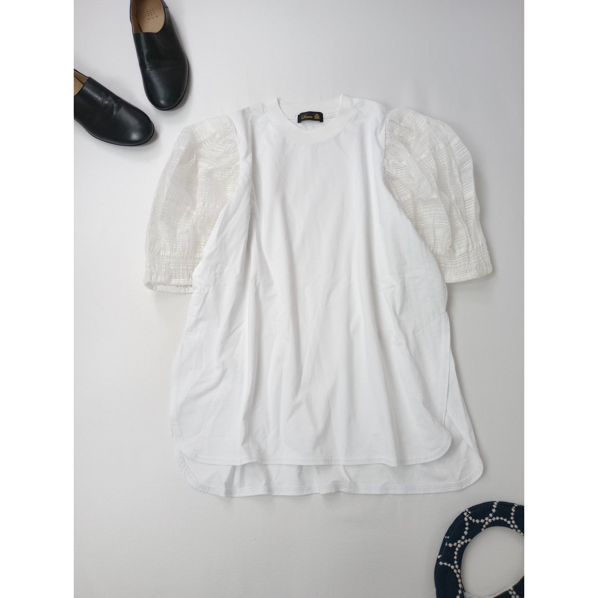 DRAWER ドゥロワー 天竺 シアーパフスリーブ クルーネック 半袖Ｔシャツ カットソー プルオーバー 白 【中古】