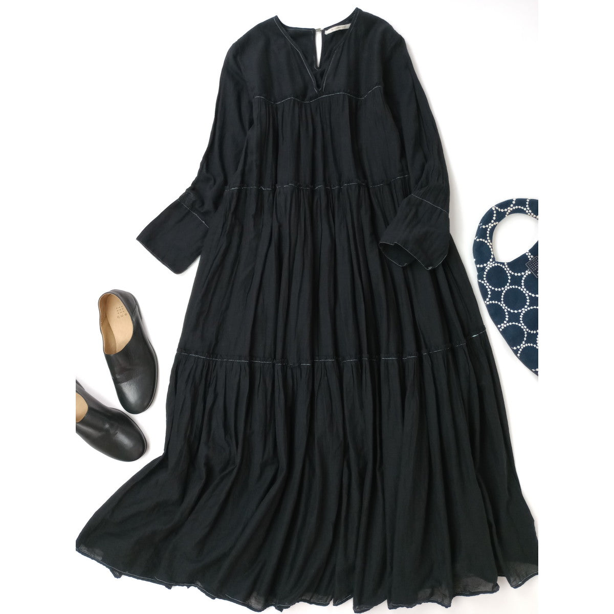 〈染〉 ne Quittez pas ヌキテパ Cotton Voile Tiered Dressコットンボイルティアードマキシドレス ワンピース 黒 ブラック S 【中古】