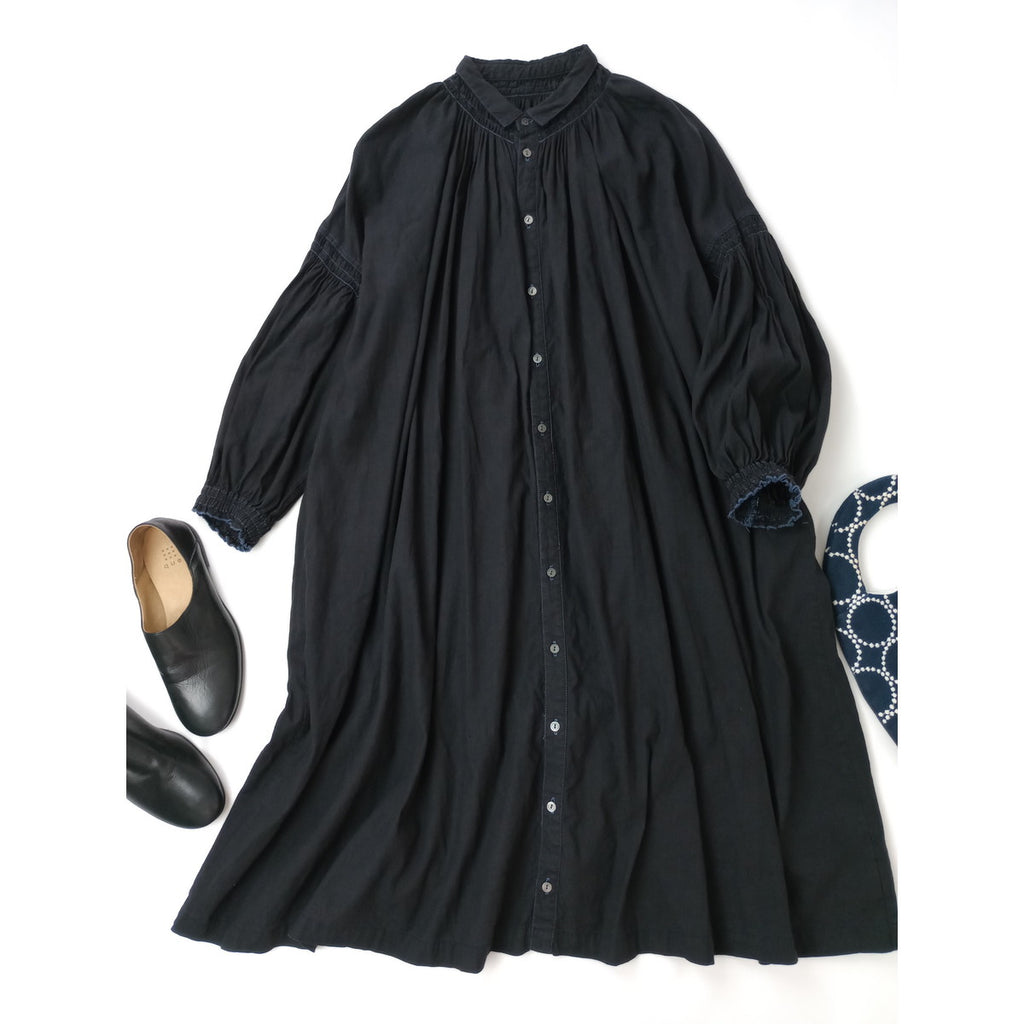 〈染〉nest Robe ネストローブ リネン コットン バルーンスリーブ  ワンピース 黒 ブラック【中古】