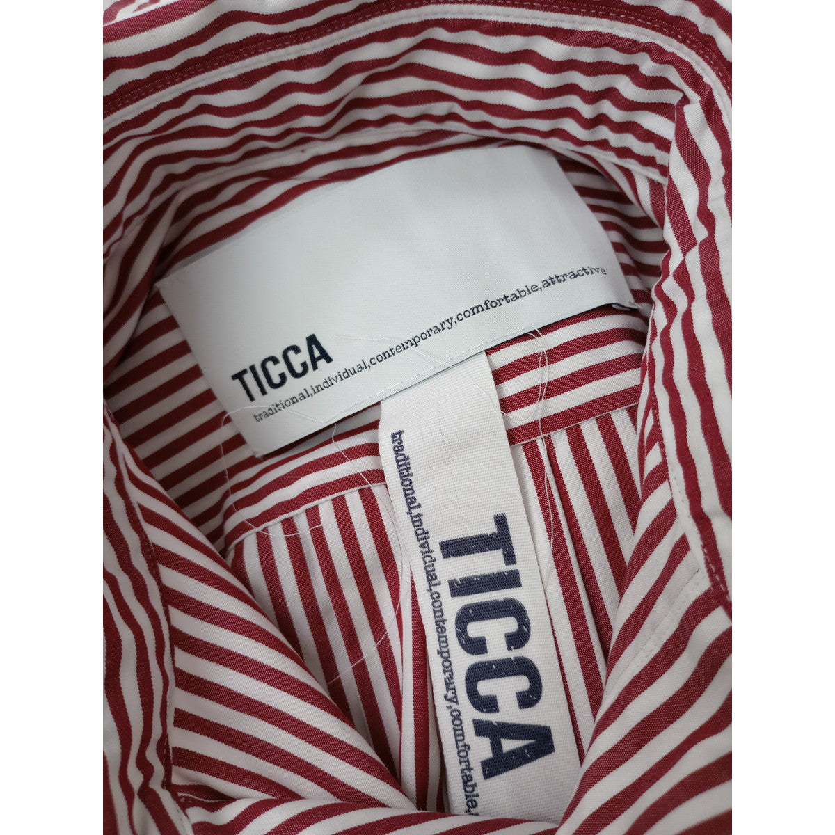 TICCA  ティッカ  スクエア ストライプ   コットン 綿 100％  ビッグ  長袖  シャツ トップス  赤 白 【中古】