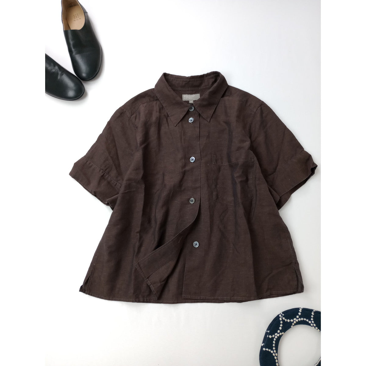 MARGARET HOWELL マーガレットハウエル YARN DYE LINEN COTTON エドモントンシャツ リネン コットン 半袖 シャツ ブラウス  トップス ダークブラウン 2【中古】