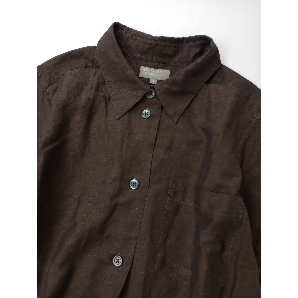 MARGARET HOWELL マーガレットハウエル YARN DYE LINEN COTTON エドモントンシャツ リネン コットン 半袖 シャツ ブラウス  トップス ダークブラウン 2【中古】