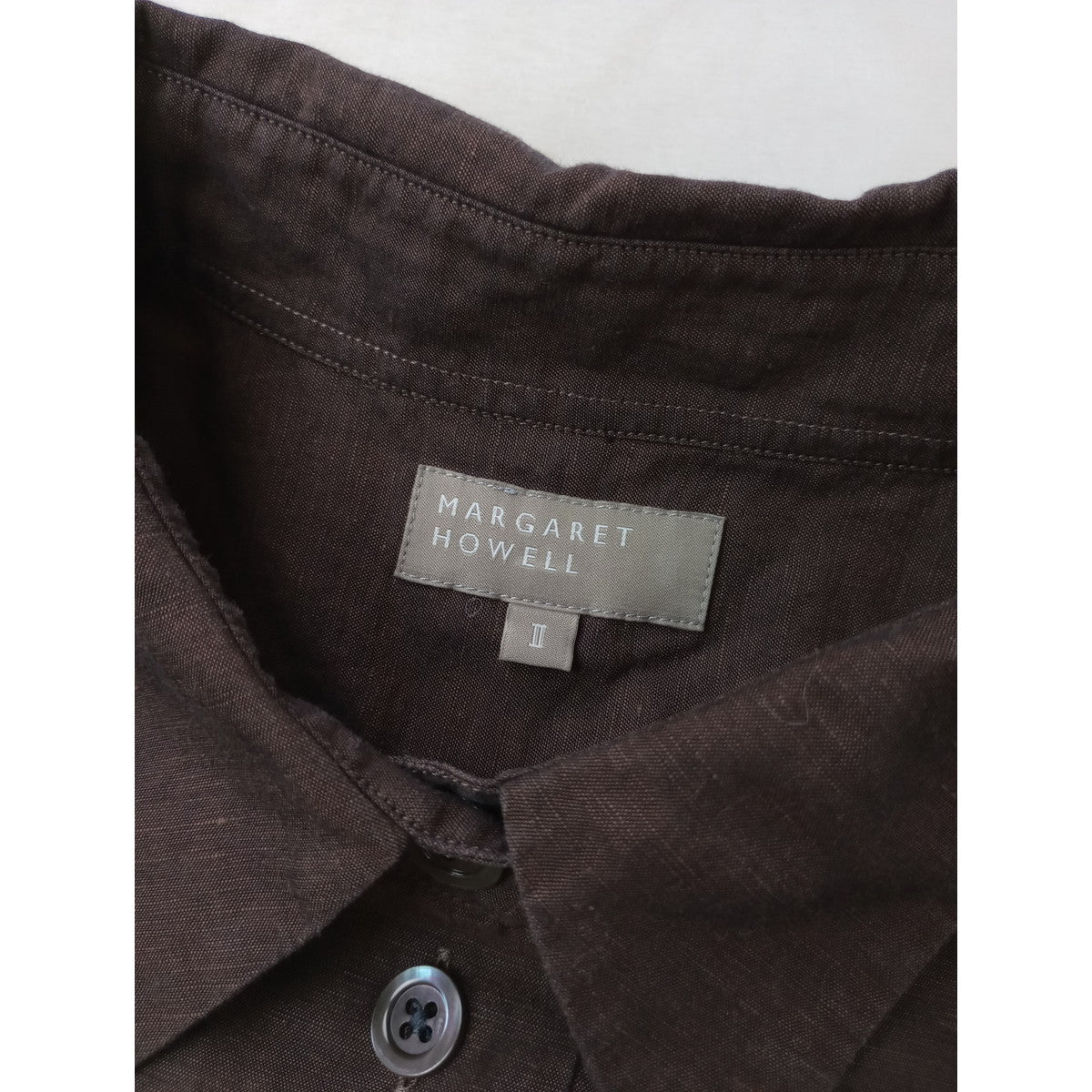 MARGARET HOWELL マーガレットハウエル YARN DYE LINEN COTTON エドモントンシャツ リネン コットン 半袖 シャツ ブラウス  トップス ダークブラウン 2【中古】