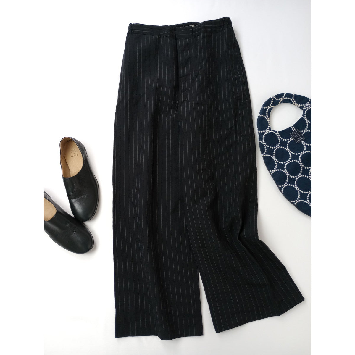 MARGARET HOWELL マーガレットハウエル ウール リネン ストライプ パンツ 黒 ブラック 1 【中古】