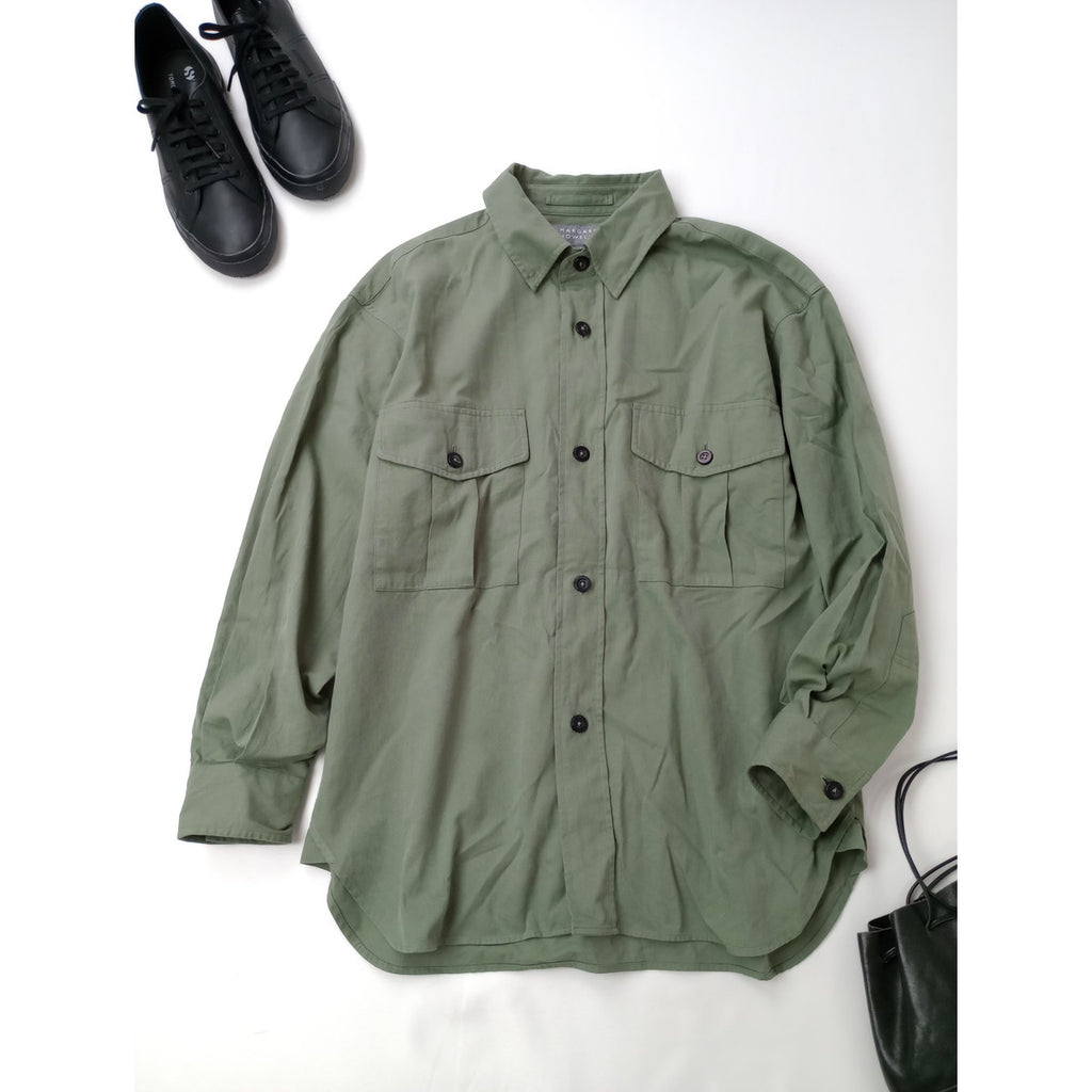 25SS MARGARET HOWELL マーガレットハウエル COTTON TWILL SHIRTING コットン 綿 100％ シャツ カーキ メンズ 【中古】