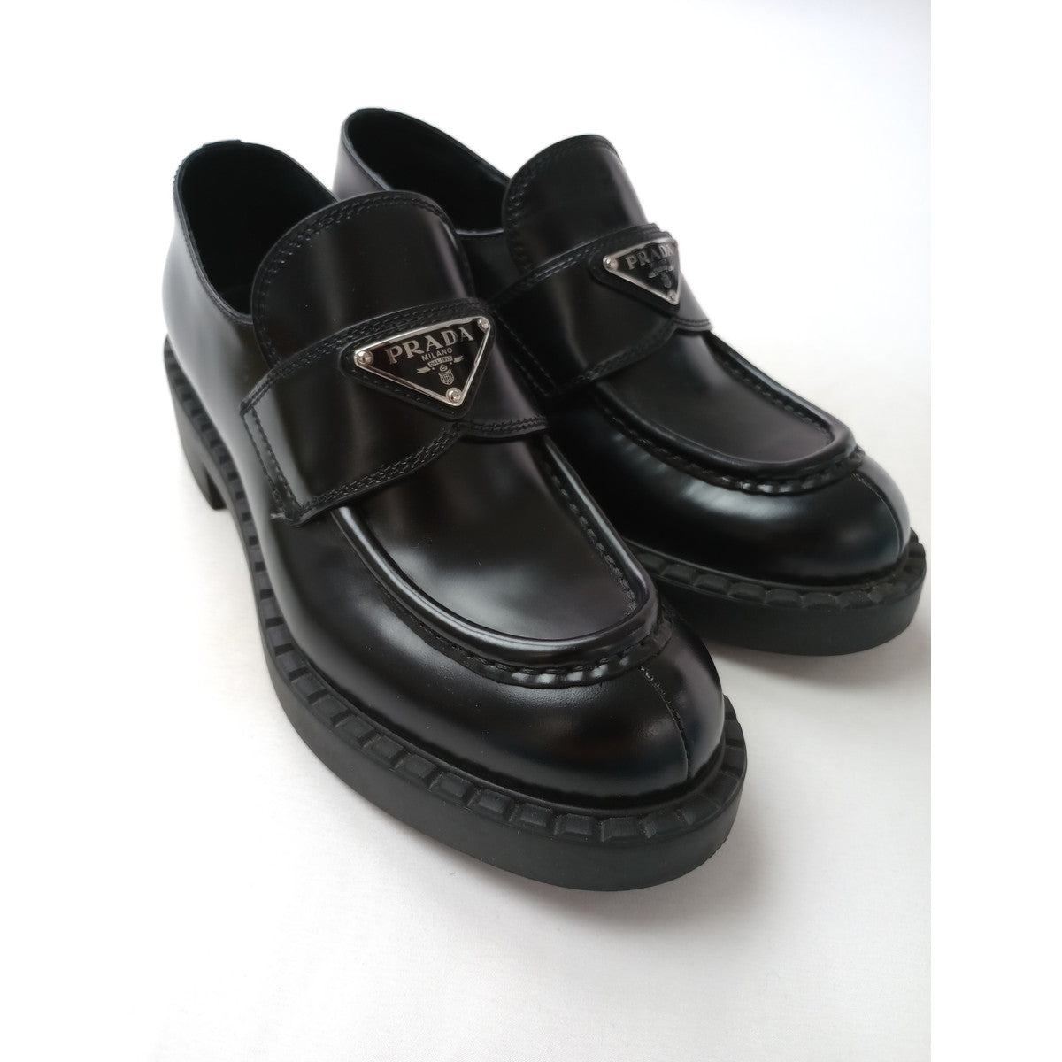 PRADA プラダ チョコレート ブラッシュドレザー ローファー 黒 ブラック 37  【中古】