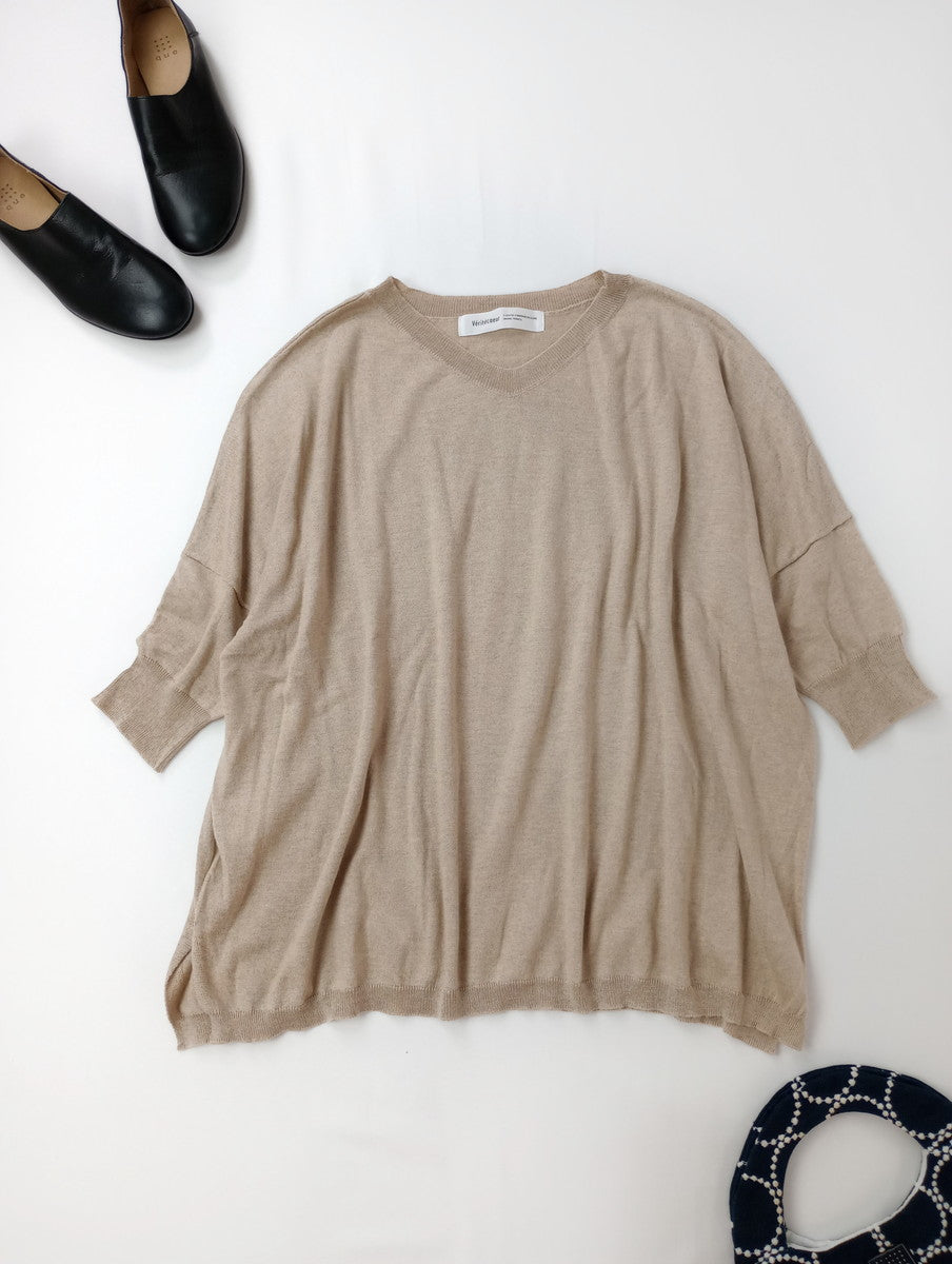 Veritecoeur  ヴェリテクール  コットン シルク カシミヤ  Vネック ニット プルオーバー トップス  ベージュ F  【中古】