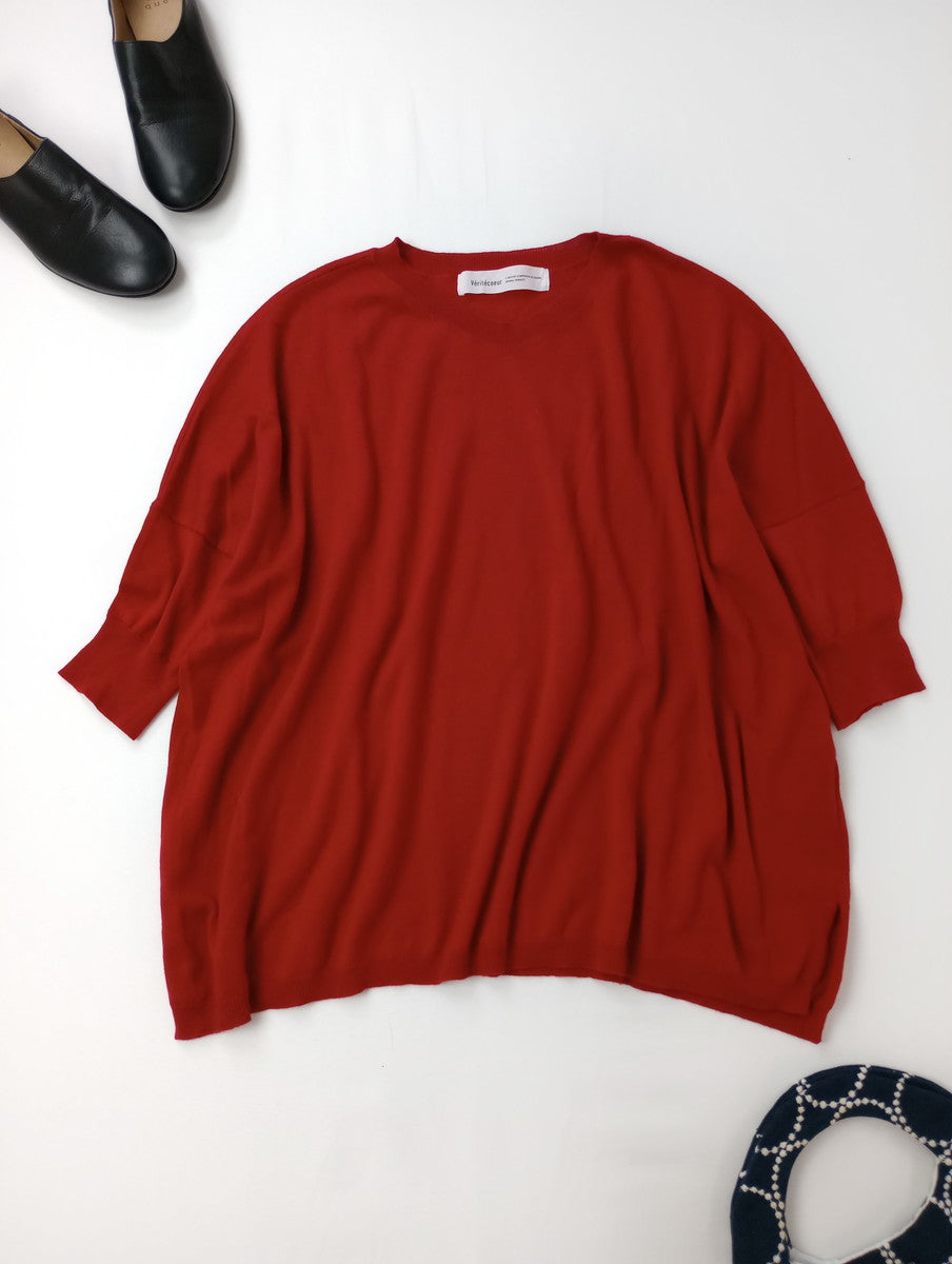 Veritecoeur  ヴェリテクール  コットン シルク カシミヤ  Vネック ニット プルオーバー トップス  赤  F  【中古】
