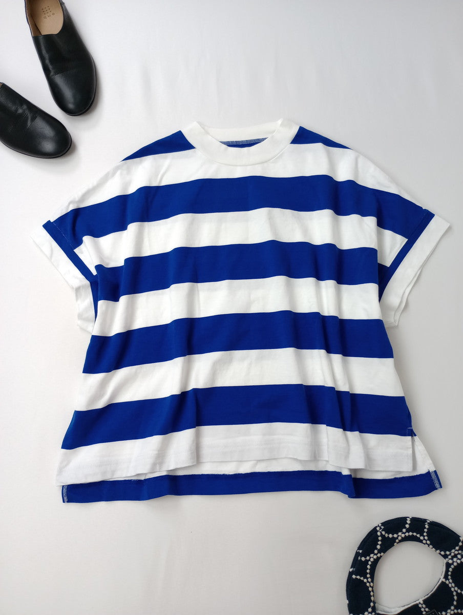 UNIVERSAL TISSU  ユニヴァーサルティシュ ワイド ボーダー  モック ネック ドルマン T ブルー 白 【中古】