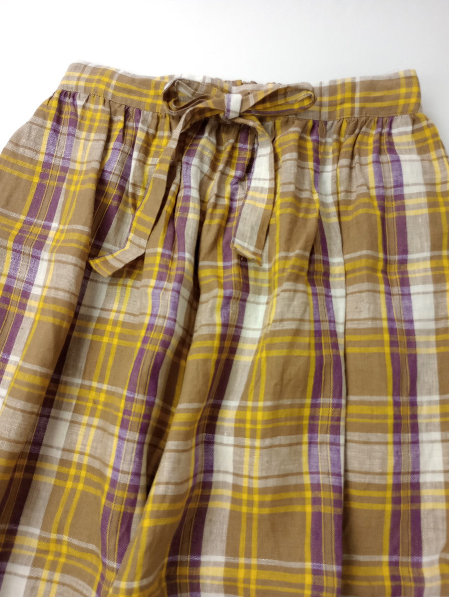 新品 ichi Antiquites イチアンティークス リネン 麻 100％ チェック ワイドパンツ イージー イエロー パープル