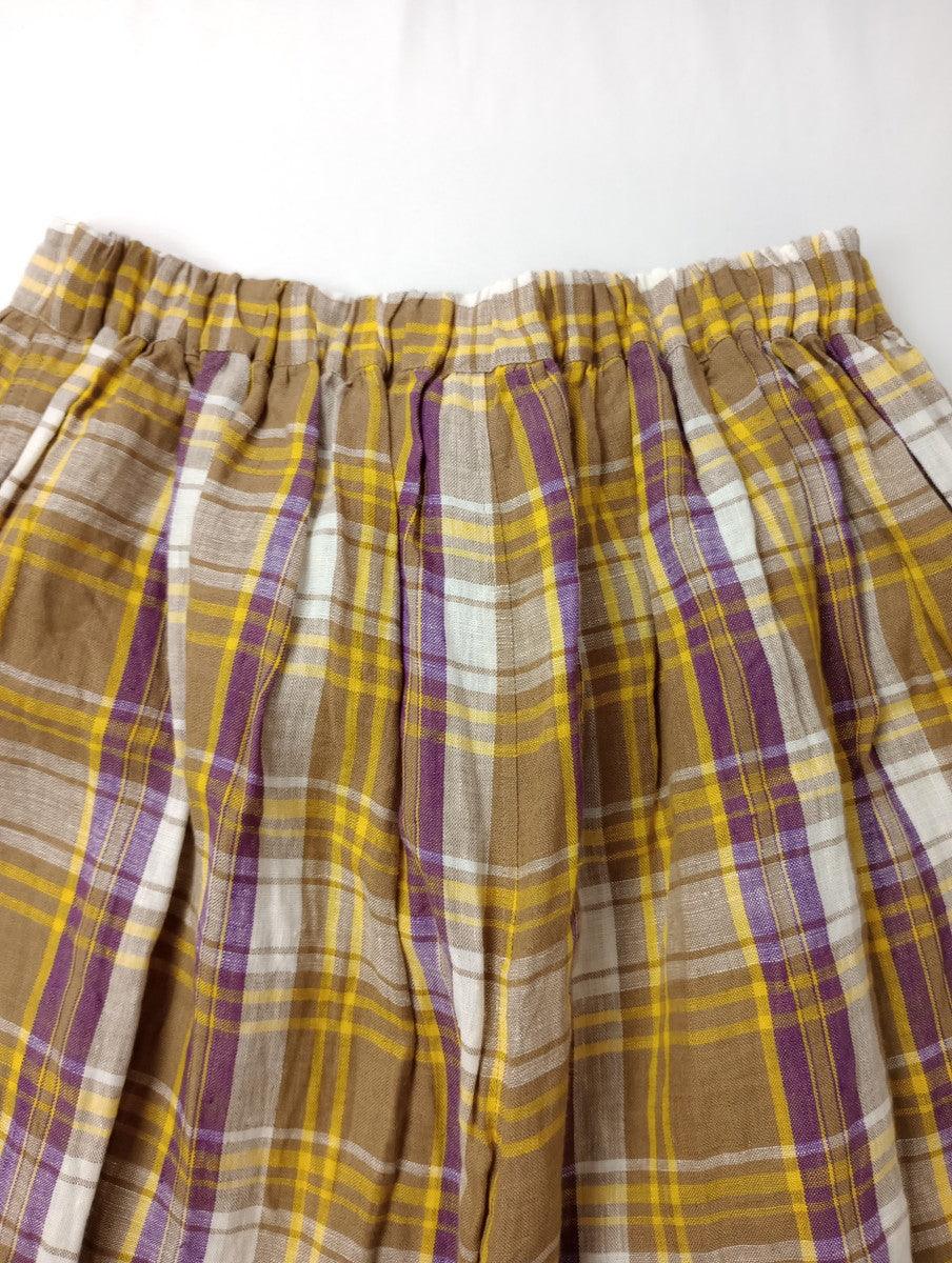 新品 ichi Antiquites イチアンティークス リネン 麻 100％ チェック ワイドパンツ イージー イエロー パープル