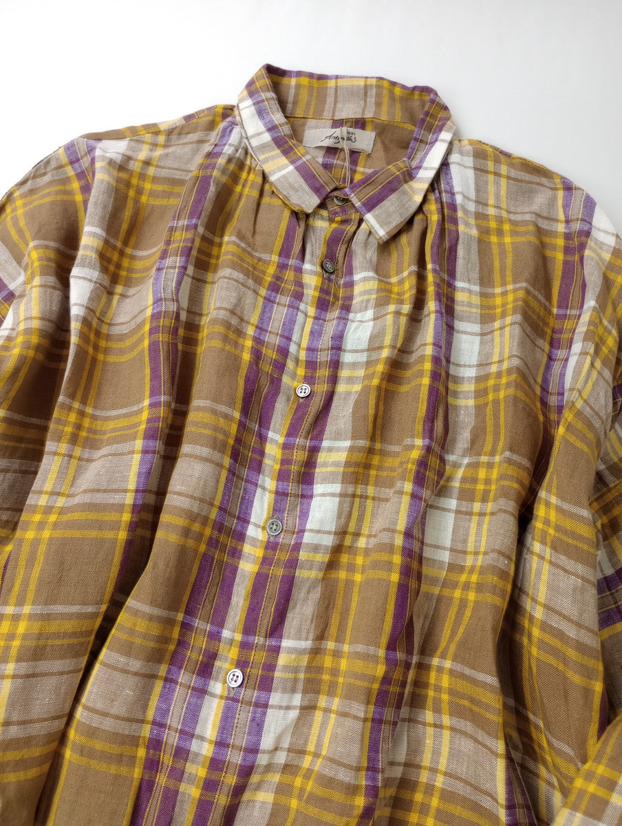 新品 ichi Antiquites イチアンティークス  リネン 麻 100％ チェック シャツ ワンピース ロング イージー イエロー パープル
