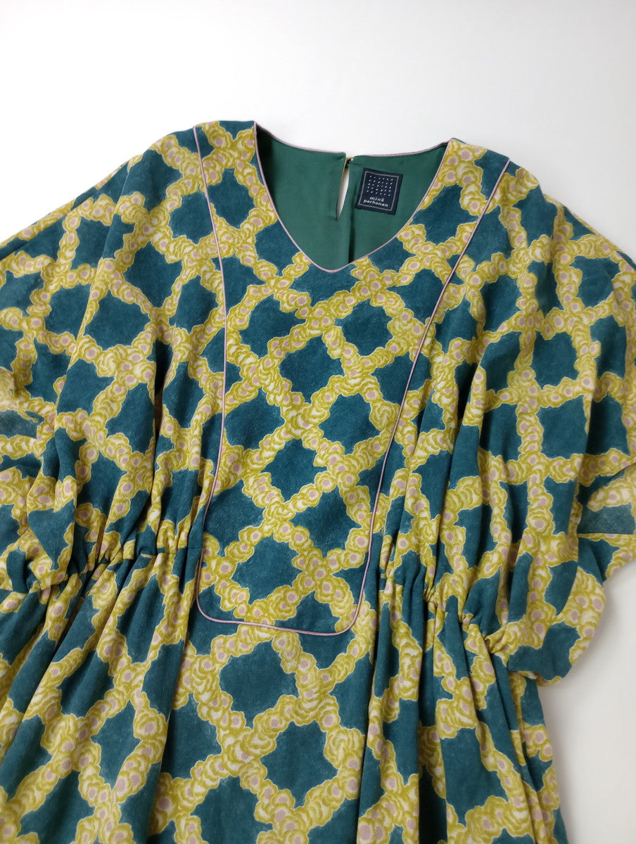 mina perhonen ミナペルホネン petal check ペタルチェック ロング ワンピース ピーコックブルー  グリーン  イエロー 38    【中古】