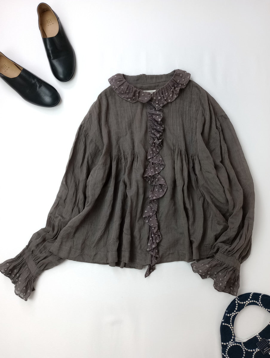 BUNON ブノン Frill Blouse フリルブラウス トップス  長袖 グレーがかったブラウン M   【中古】
