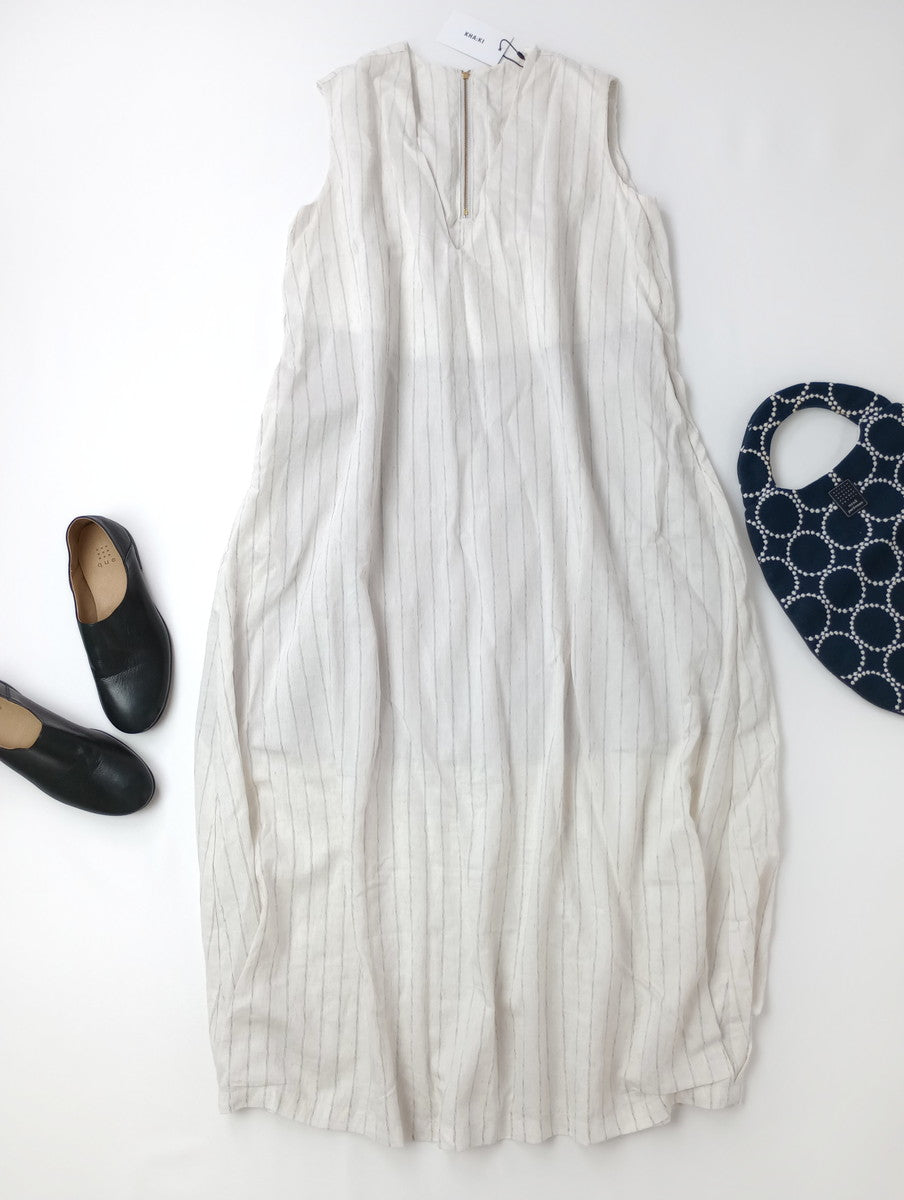 新品 kha:ki カーキ FOIL PRINT STRIPE DRESSフォイル プリント ストライプ Vネック ドレス ロングワンピース  白 アイボリー 2 【中古】