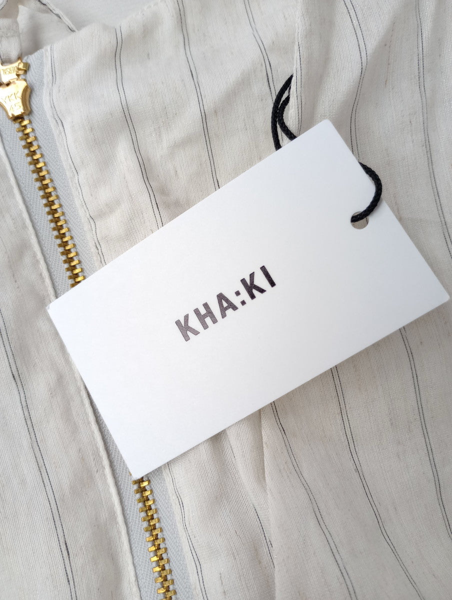 新品 kha:ki カーキ FOIL PRINT STRIPE DRESSフォイル プリント ストライプ Vネック ドレス ロングワンピース  白 アイボリー 2 【中古】