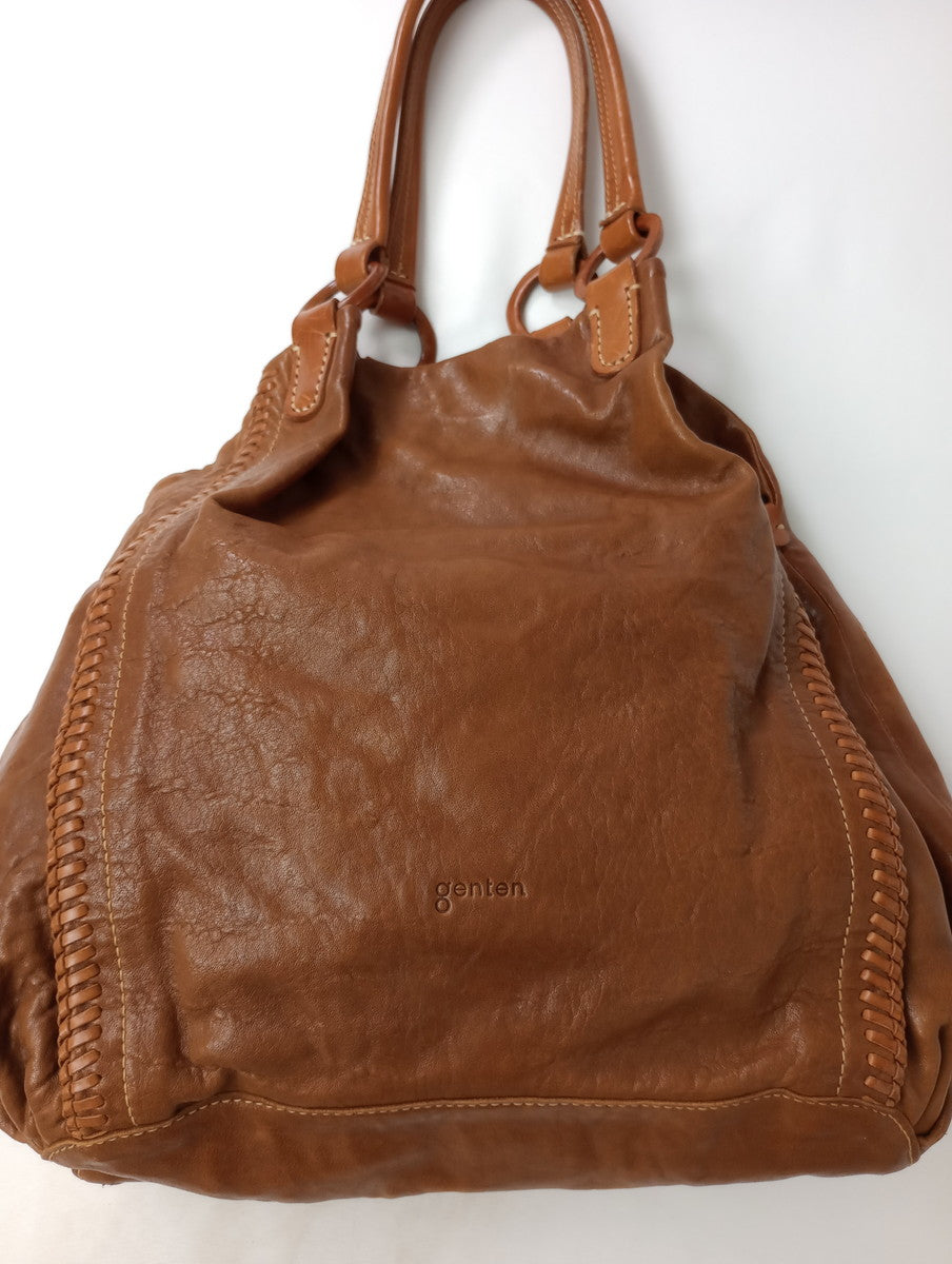 genten ゲンテン レザーバッグ 編み込み ブラウン  【中古】